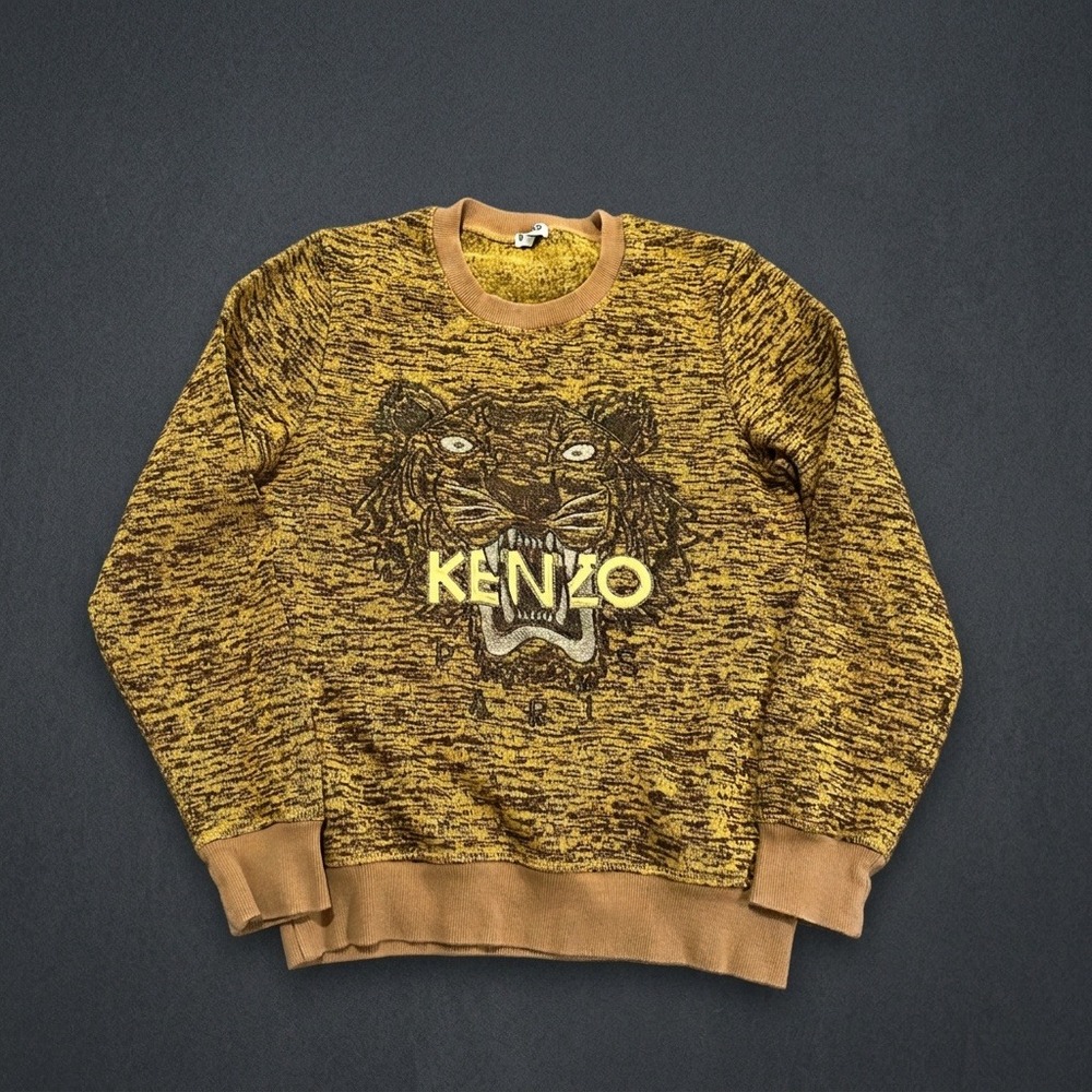Kenzo Paris Tiger Logo Sweatshirt Size S Yellow Brown Marled Knit Embroidered